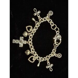 Religious Crosses Charm Bracelet Silver Tone Faith Hope Love Heart Clasp